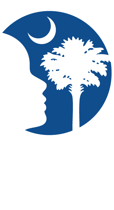 a navy circle with the South Carolina's emblem of palmetto tree and moon with the outline of a child's face cut out