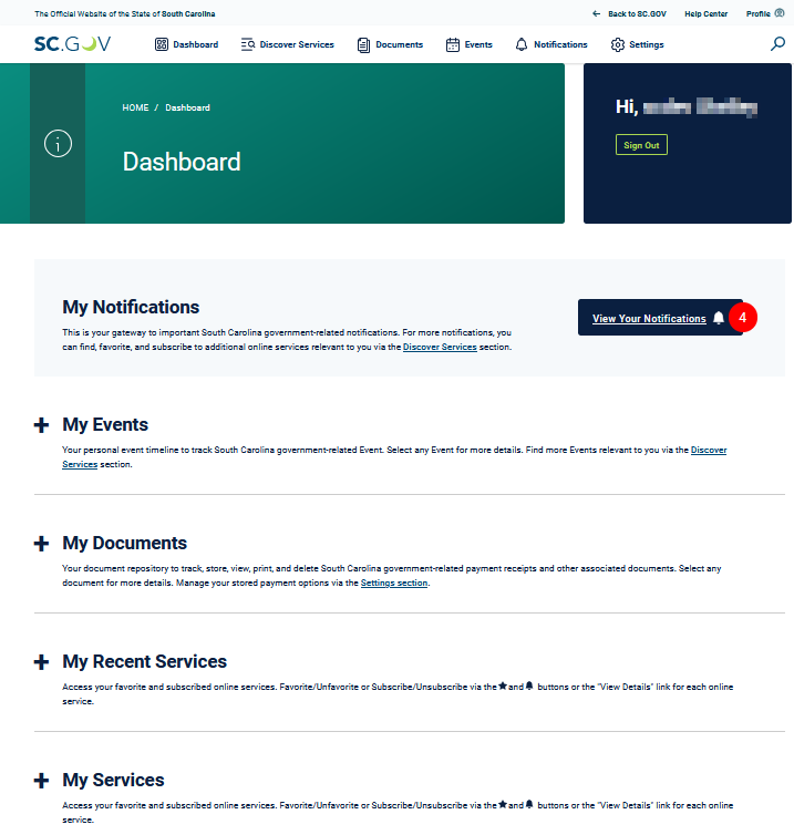 Screenshot Example Image of MySCGOV Dashboard Page