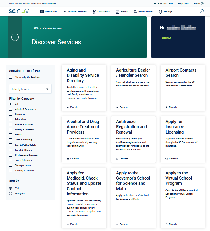 Screenshot Example Image of My SCGOV Discover Services Page