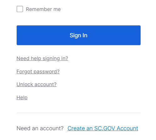 My SC.GOV password reset example screen