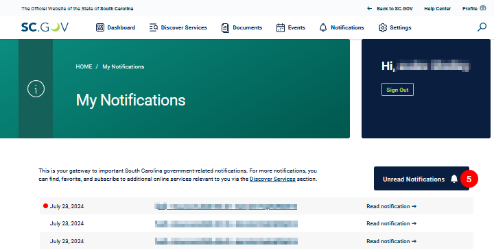 My SC.Gov Notifications page example