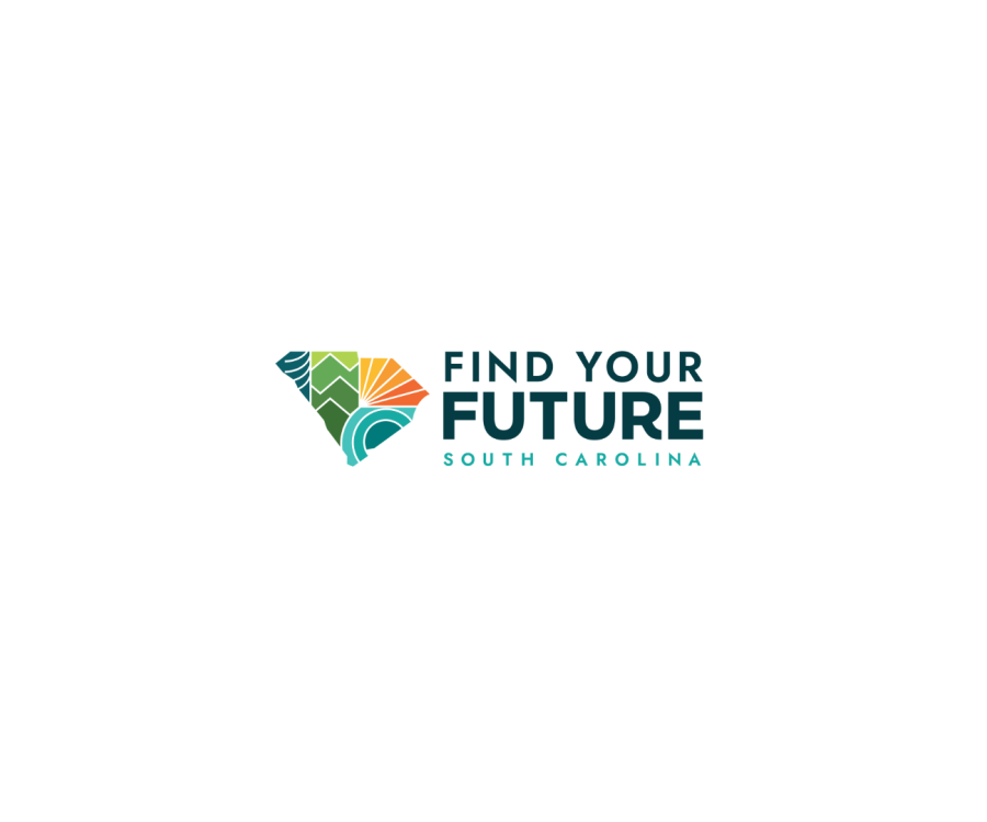 South Carolina state outline filled with abstract colors and lines with the text: FIND YOUR FUTURE SOUTH CAROLINA. Serves as the Future Finder logo.